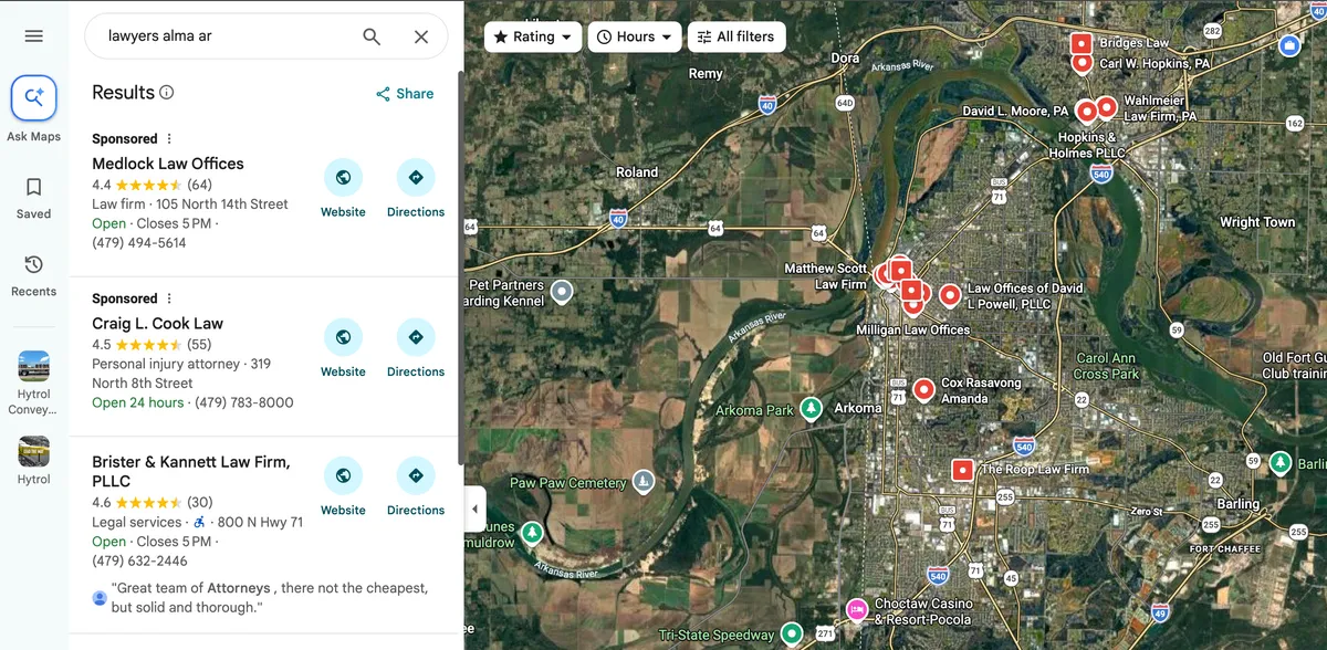 Google Maps results for lawyers in Alma, Arkansas, featuring Brister and Kannett Law Firm, a TeamWebPro client