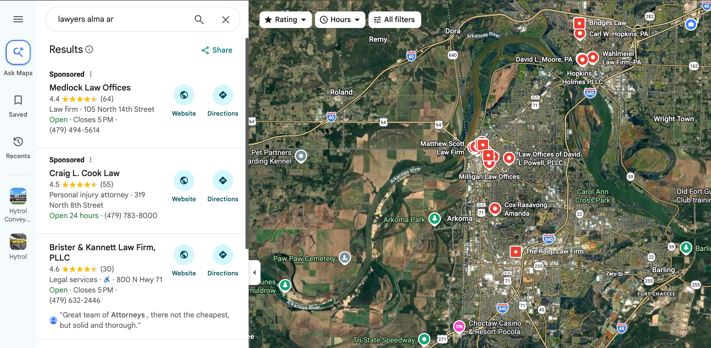 Google Maps results for lawyers in Alma, Arkansas, featuring Brister and Kannett Law Firm, a TeamWebPro client