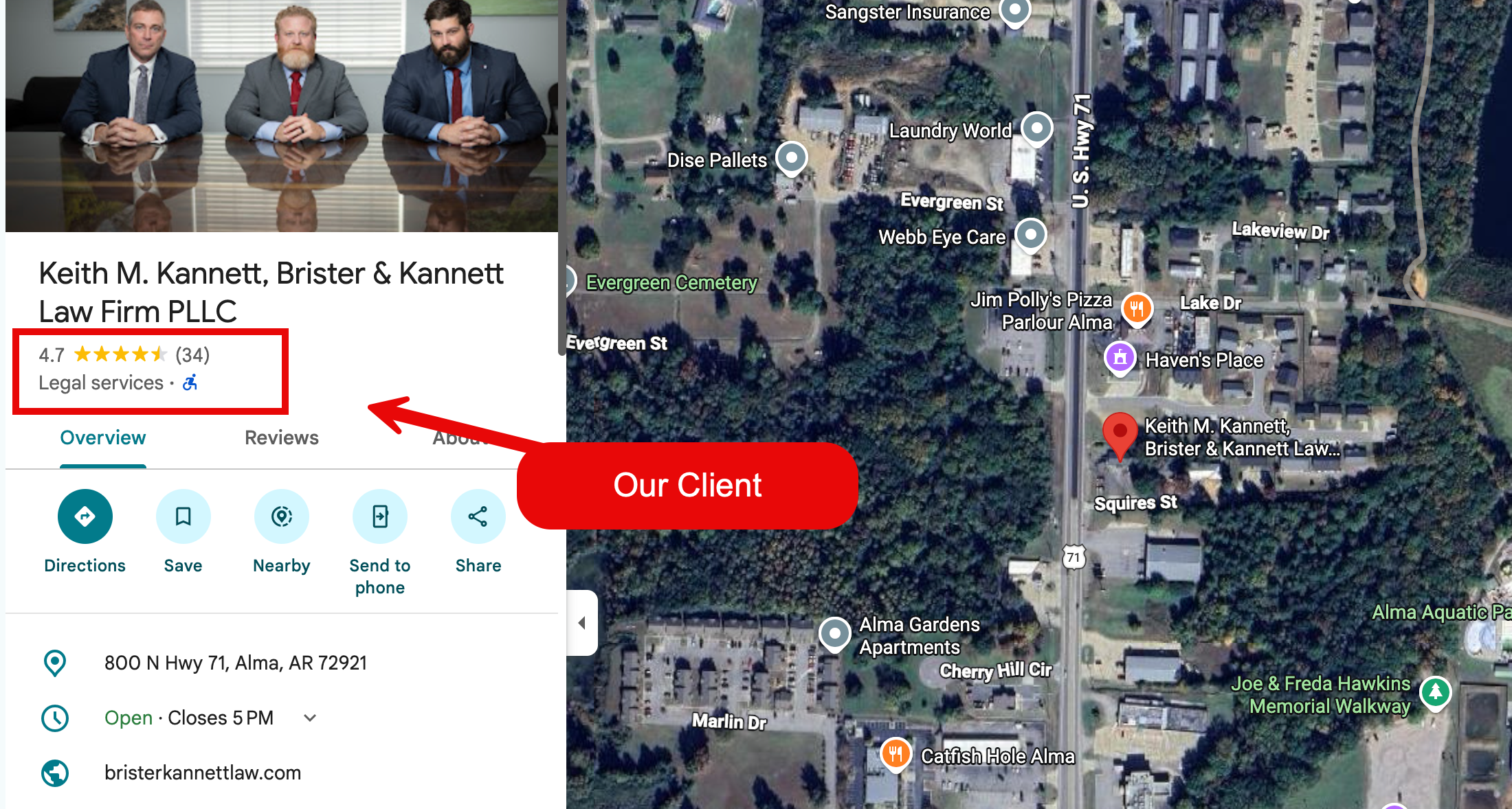 Google Maps business profile and location for Brister and Kannett Law Firm in Alma, Arkansas, a TeamWebPro client