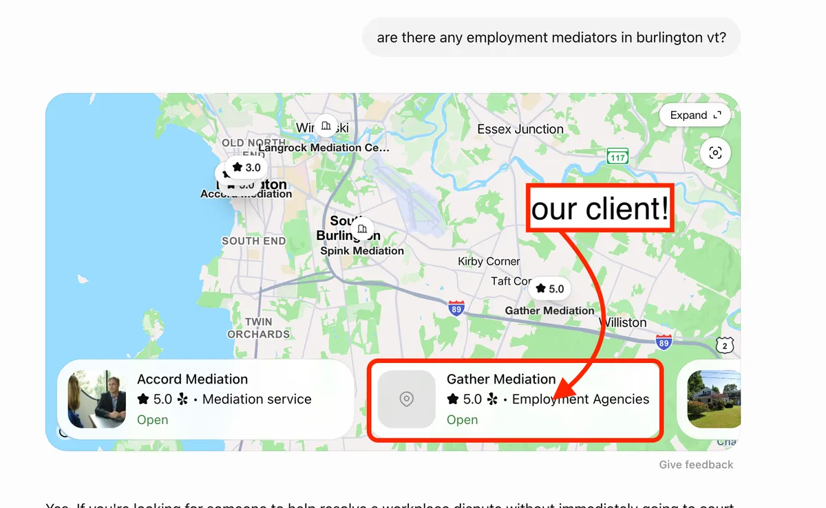 ChatGPT asked for employment mediators in Fort Smith AR and returning Gather Mediation, a TeamWebPro client, in the results