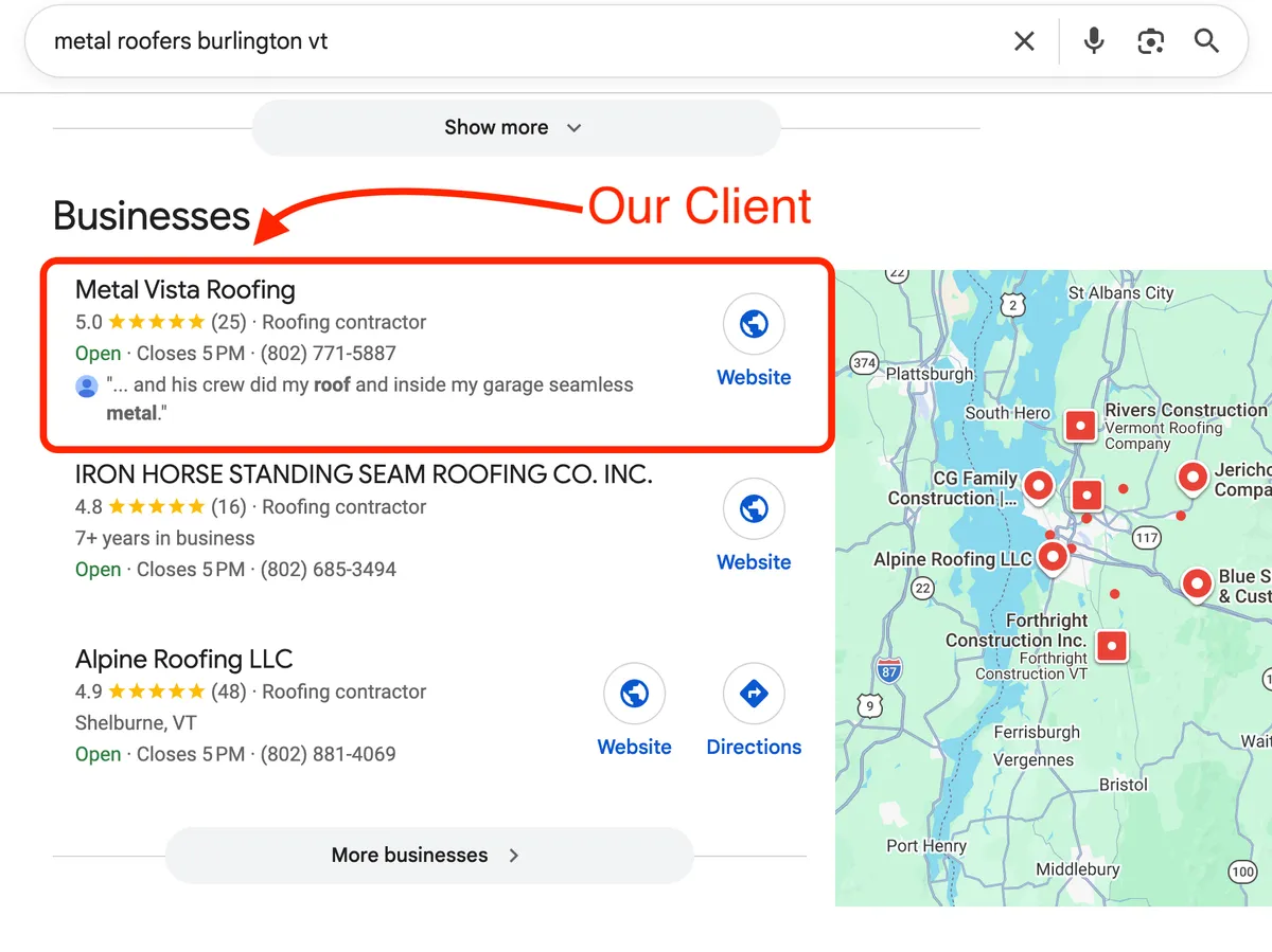 Search engine positioning in Springdale, AR: Google map pack showing a TeamWebPro client ranked at the top